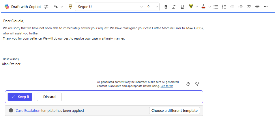 Un ejemplo sobre cómo automatizar tareas on Copilot en Microsoft 365 es pedirle a la IA que haga un borrador de un correo electrónico por nosotros